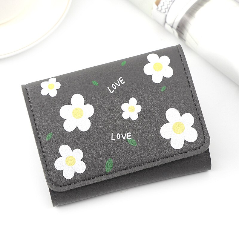 Japanese Mini Wallet Female Small Ultra-thin Cute Floral Tri-fold Leather Coin Purse Simple Short Student Mini Card Holder: Gray