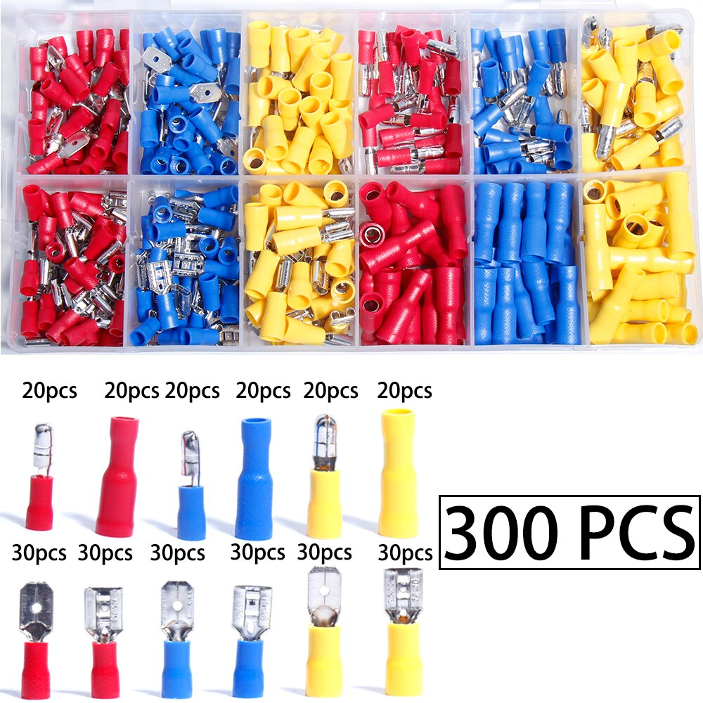 Terminals Connector Electrical Spade Ring Mixed Lug Cable wire car Crimped general pressure Round Plug cold pressing fast spring: 300PCS