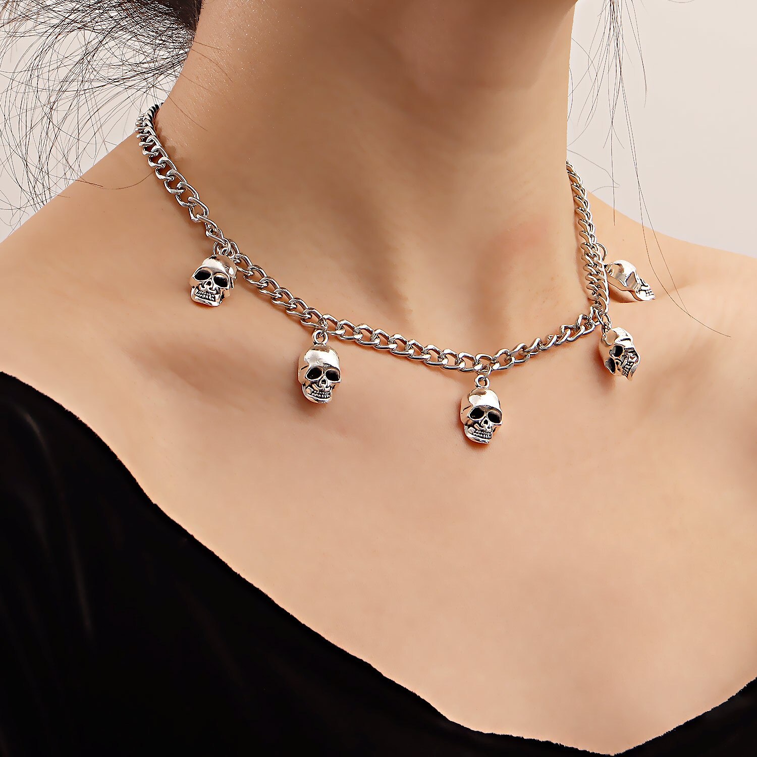 Trendy Overdreven Hip Hop Schedel Hanger Ketting Vrouwelijke Punk Zilver Kleur Metalen Kwastje Sleutelbeen Keten Ketting Vrouwen Sieraden
