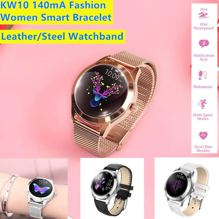 KW10 Mode Vrouwen Smart Armband 140mA Waterdicht Stappenteller Hartslag Monitoring Sport Polsband Leer/Stalen Smart Horlogeband