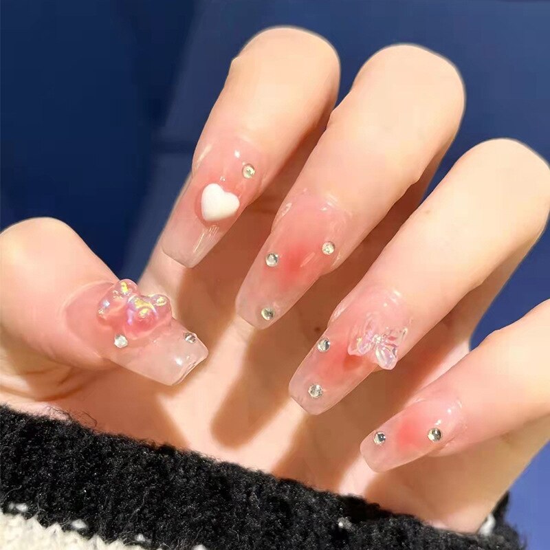 24pcs/box Stick On Nails with glue bear bow false nails bling press on nails nail supplies for professionals full cover