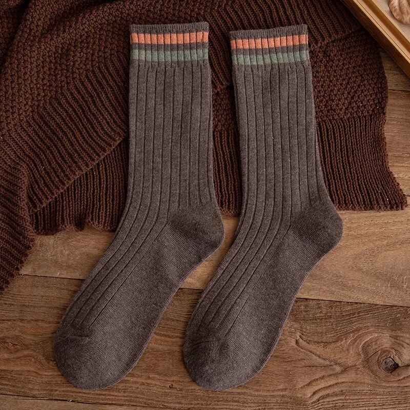 Chaussettes Vintage en coton pour femmes, longues, amples, solides, tricotées, rayées, respirantes, collection printemps-automne: Coffee