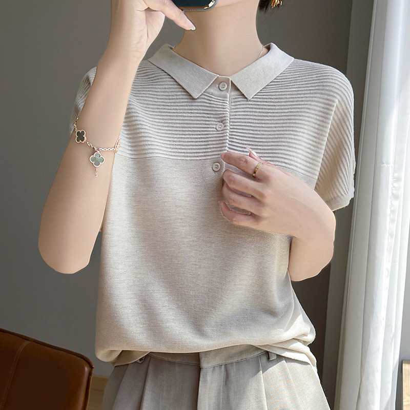 Dames T-Shirt Zomer Kammen Gebreide T-Shirts Casual Effen Trui Polokraag Blouse Met Korte Mouwen Dames Kleding Losse Tops