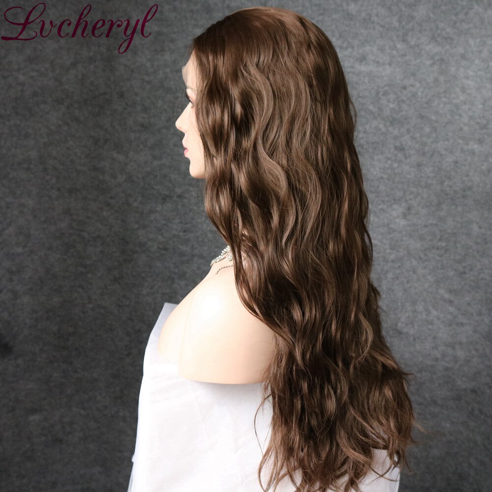 Lvcheryl Bruin Natuurlijke Lange Golvende Synthetische Lace Front Pruiken Hittebestendige Haar Pruiken Party Bruiloft Pruiken voor Vrouwen
