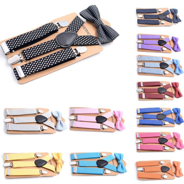 Cathery Toddler Kids Girl Boy Polka Dot Suspender Clip with Bow Tie Set Adjustable Suspender Bowtie Set