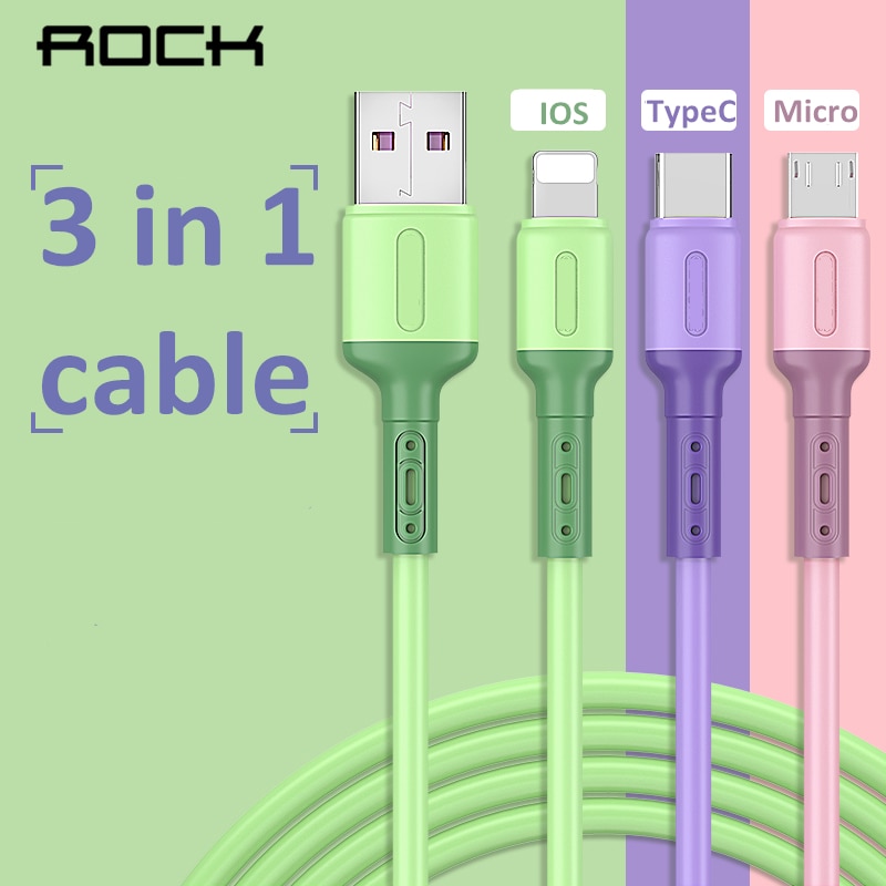 ROCK 3 in 1 Flüssigkeit Weiche Silikon USB Kabel Schnelle Lade Für iPhone Huawei Samsung Xiaomi Micro USB Typ C kabel Daten Ladung