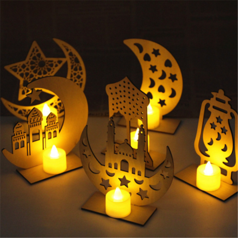 LED Houten Eid Mubarak Plaque Moon Star Ramadan Ornament Moslim Decor Hanger Hout Kunst Ambachten Plaque Opknoping Hanger