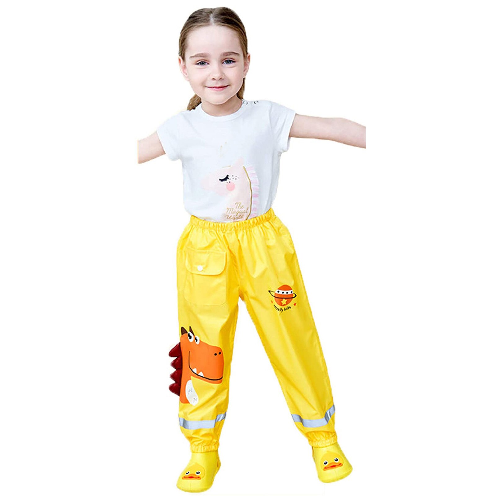 Children Toddler Harem Pants Boys Girls Mud Proof Rain Elastic Waist Trousers Kids Cartoon Rainwear Waterproof Overalls: Yellow / 2T