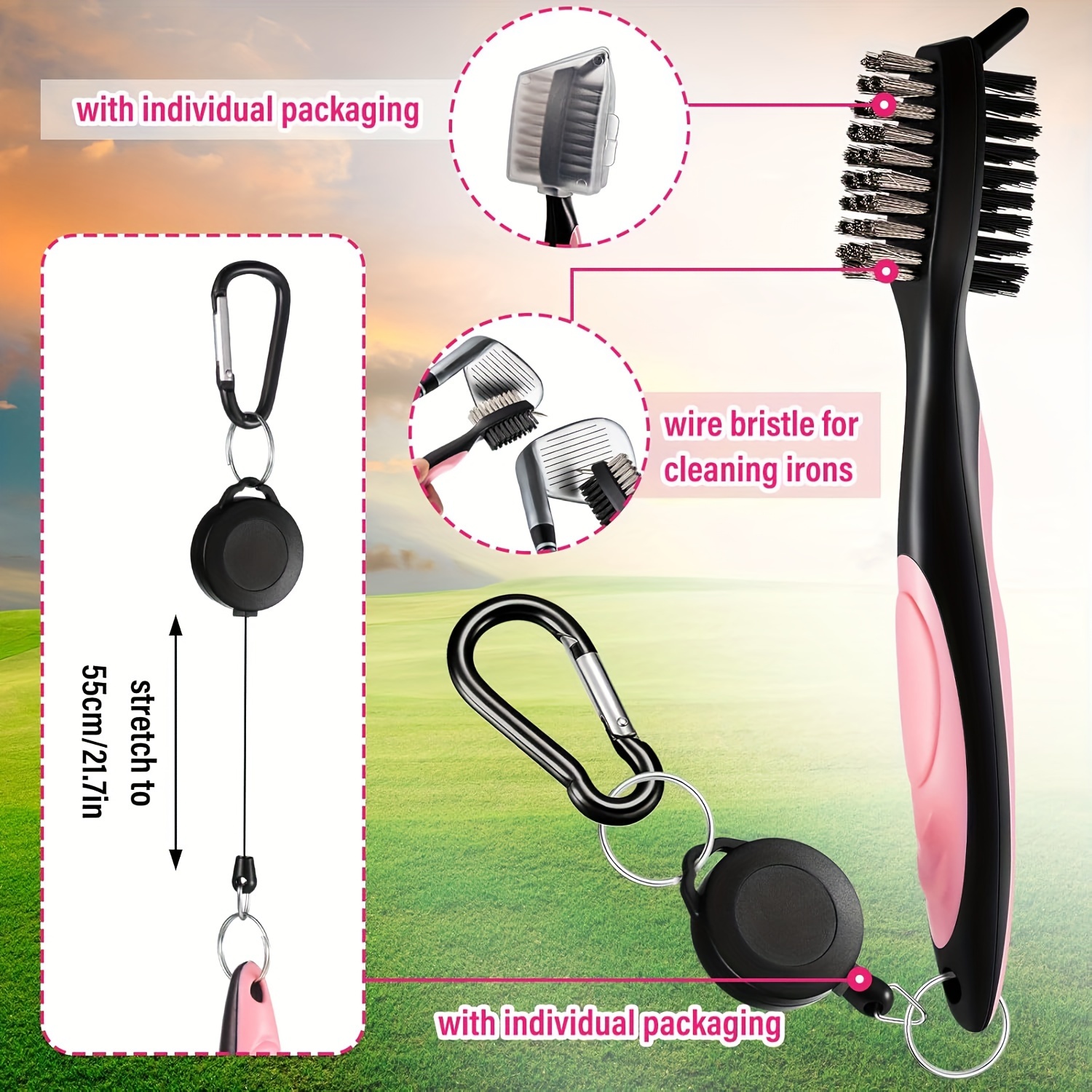 12 -delat rosa golftillbehörsset för kvinnor och män - slitstark golfhandduk i polyester, bolltvättborste, verktyg för reparation av hålor
