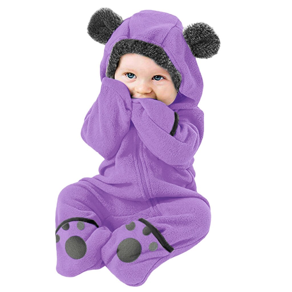 Hoodie Romper Jumpsuit Met Oren Infant Baby Meisjes Jongens Solid Cartoon Fleece Oren Hoodie Romper Kleding Jumpsuit Disfraz Baby: Paars / 24M