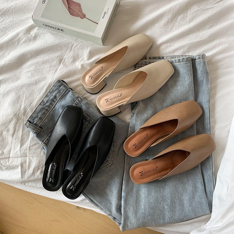 retro Oma Maultiere Schuhe Damen lässig Leder Hausschuhe Hause Ich bin Freien Rutschen Med-hoch Fersen kippen-Flops Femme Karree pantufla