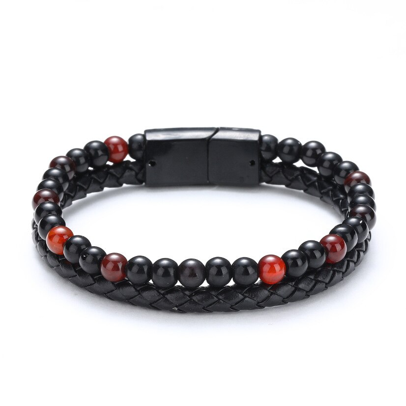 Natural Stone + Leather Men Bracelet Business Jewelry Bead Bracelet for Stainless Steel Magnetic Mature Boy Accessories: D