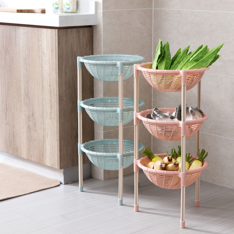 3 Layers Kitchen Round Drain Storage Rack Dishes Fruit Vegetable Sundries Storage Shelf Plastic Home Stand Organizer