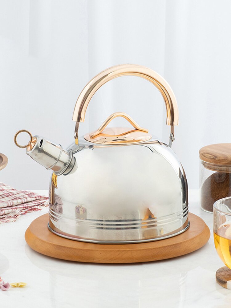 Högkvalitativ 3l rostfritt stål vattenkokare visslande vacker tekanna med guldhandtagslock