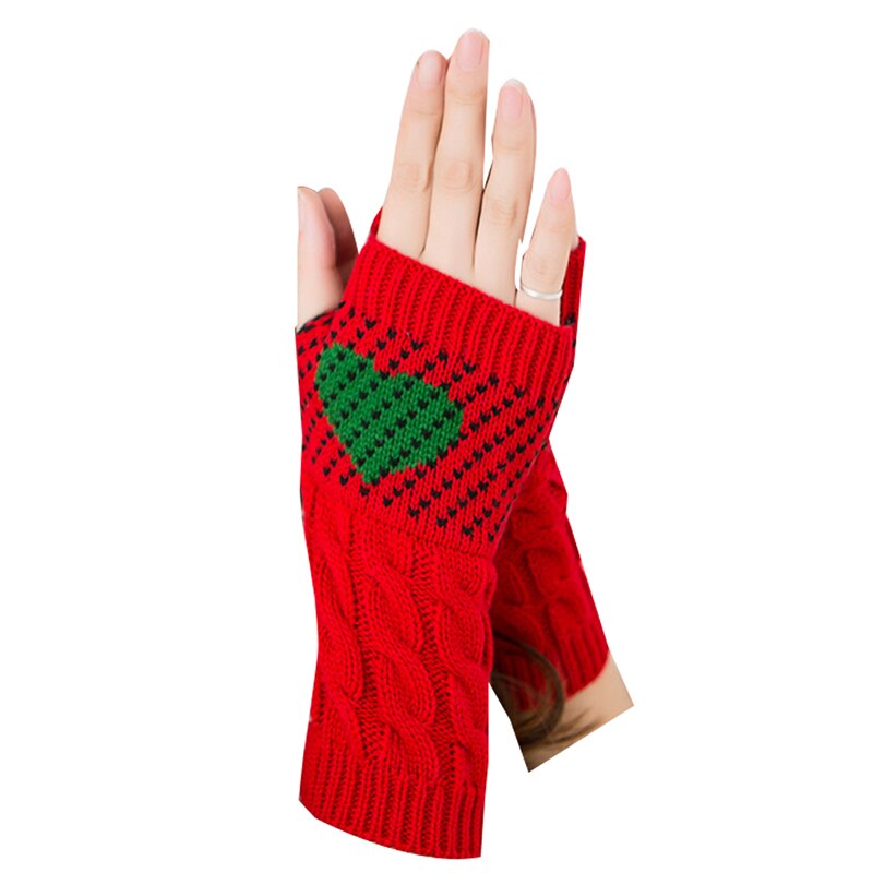 1 Pair Winter Heart Printing Half-finger Gloves Women Stylish Thick Warm Knitted Arm Wrist Warmer Fingerless Cute Gloves: Red