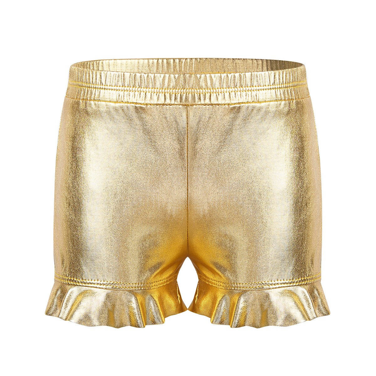 Kid Girl Elastic Waist Metallic Ruffled Sports Shorts Bottoms For Ballet Dance Yoga Gymnastics Dancewear Workout Children Shorts: Gold / 14