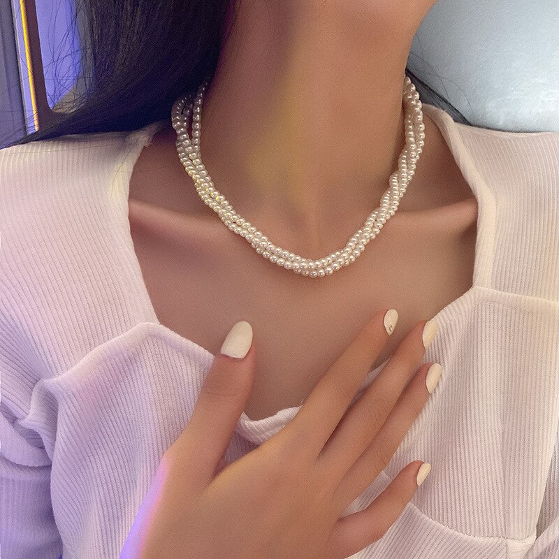 Multi-layer pearl winding necklace simple personality choker temperament sense of collar