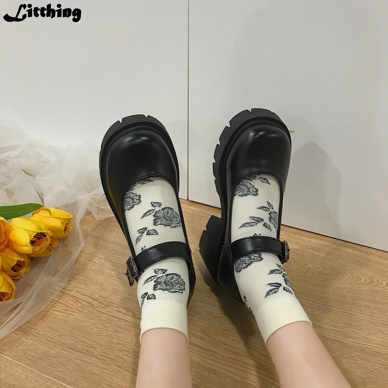 Zwarte Hoge Hakken Schoenen Vrouwen Pompen Wig Lakleer Platform Schoenen Vrouw Ronde Neus Mary Schoenen Mujer