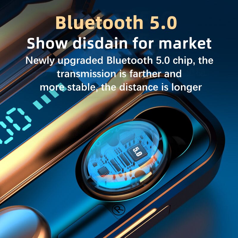 Draadloze oortelefoon bluetooth  v5.0 f9 tws draadloze bluetooth hoofdtelefoon hd stereo led-scherm waterdichte headset met microfoon