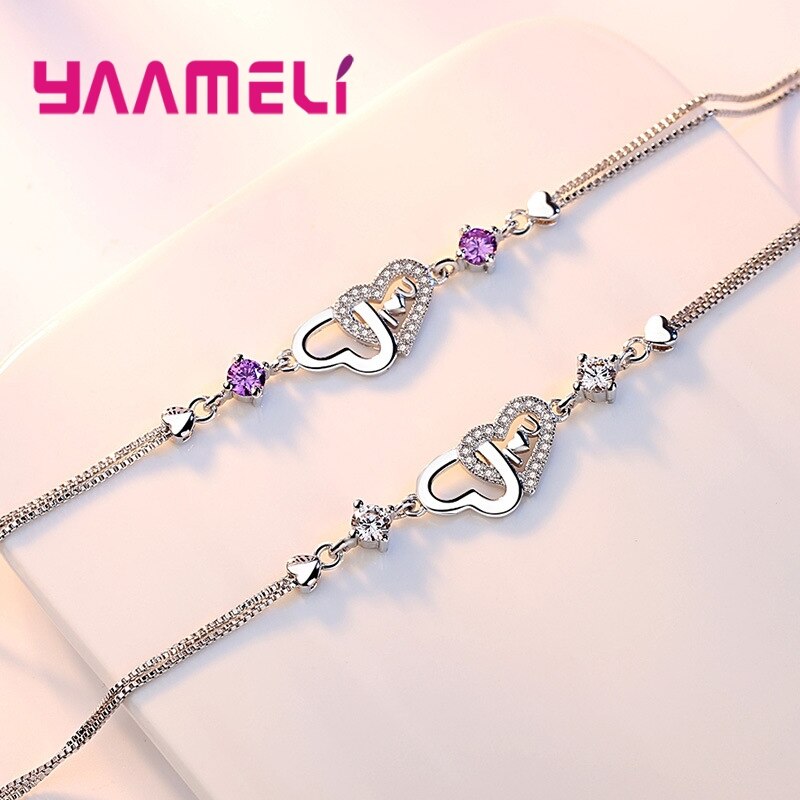 Bransoletka podwójne serce kształt fioletowy/biały nadmorski zbiorów festiwal ucztowanie noc biżuteria 925 szterling srebro dziewczyna