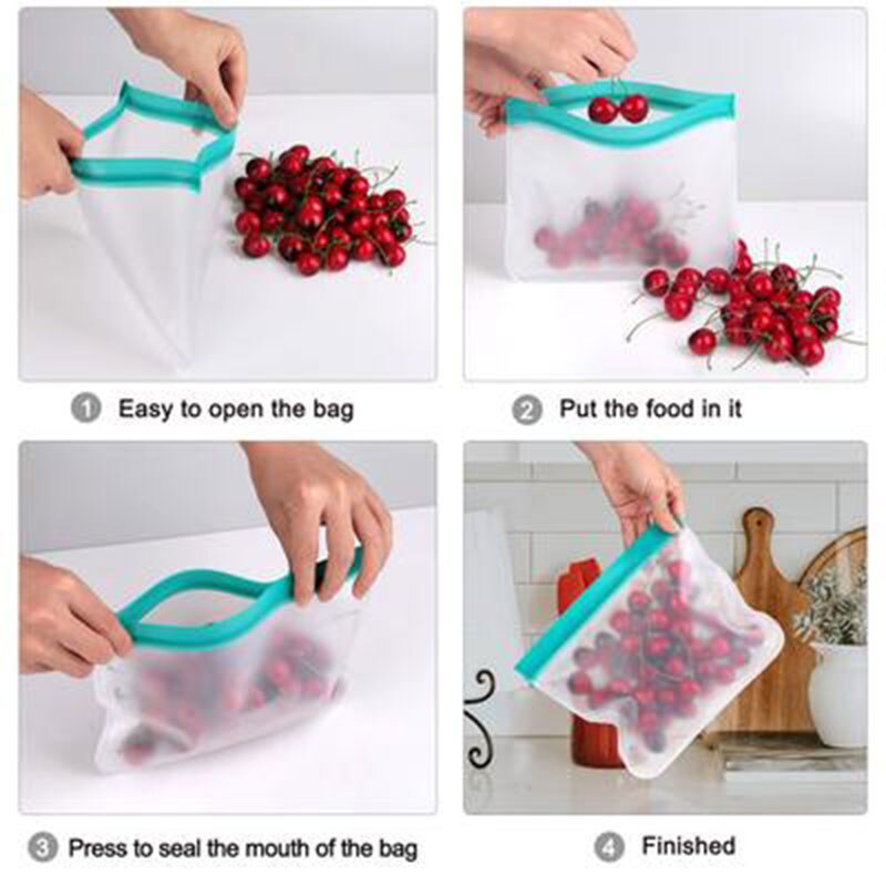 Bolsa de silicona para alimentos, PEVA esmerilada para conservar alimentos, reutilizable, para congelador, con cremallera, a prueba de fugas