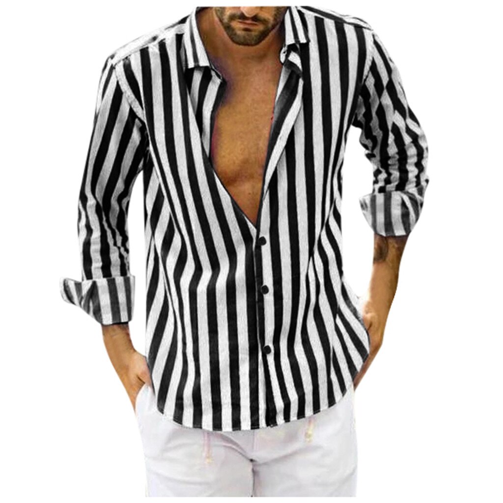 Men Shirts Vertical Striped Shirt Slim Fit Long Sleeve Casual Button Down Mens Shirts