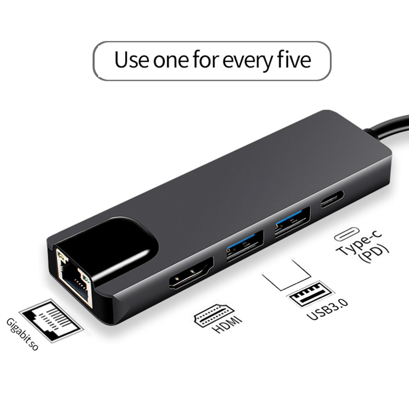 -5 in 1 usb type c hub hdmi 4k usb c hub til gigabit ethernet  rj45 lan adapter til mac book pro thunderbolt 3 usb-c oplader