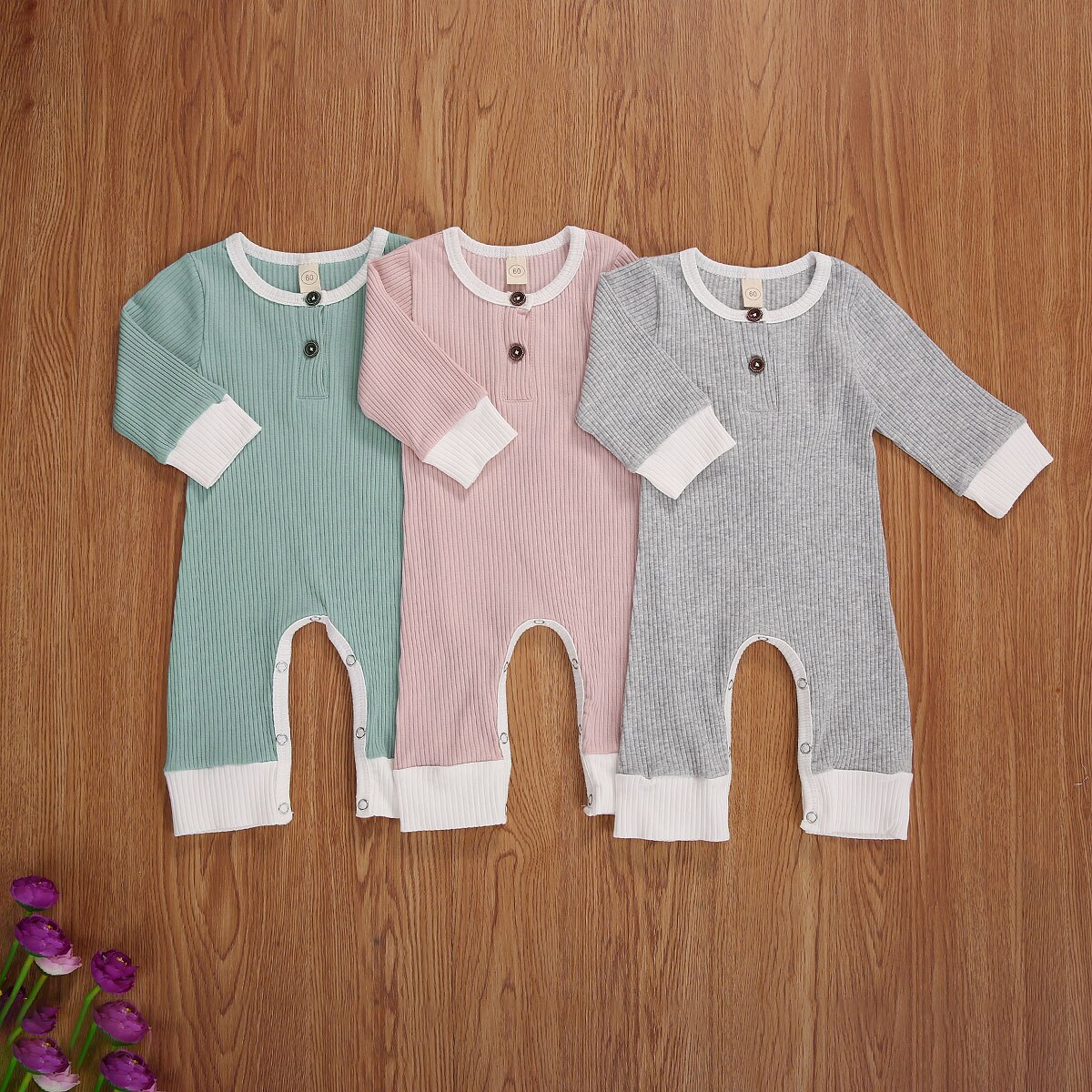 Baby Lente Herfst Outfit Geribbeld Solid Jumpsuits Ronde-Hals Met Lange Mouwen Rompertjes Voor Peuter Meisje, jongen, 0-18 Maanden