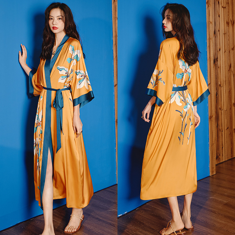 Albornoz tipo kimono largo con estampado de flores para mujer, bata de boda Sexy de media manga, camisón de rayón para primavera y verano, vestido para casa, ropa de dormir: Rojo