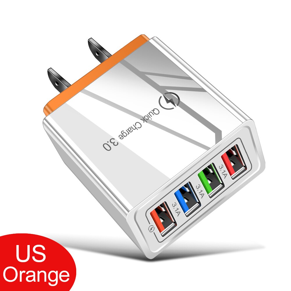 Usb Charger 4 Poorten 18W Quick Lader Snel Opladen Voor Iphone 13 12 Xiaomi Samsung S10 Huawei Draagbare Eu/Us Plug Muur Chargers: Orange US