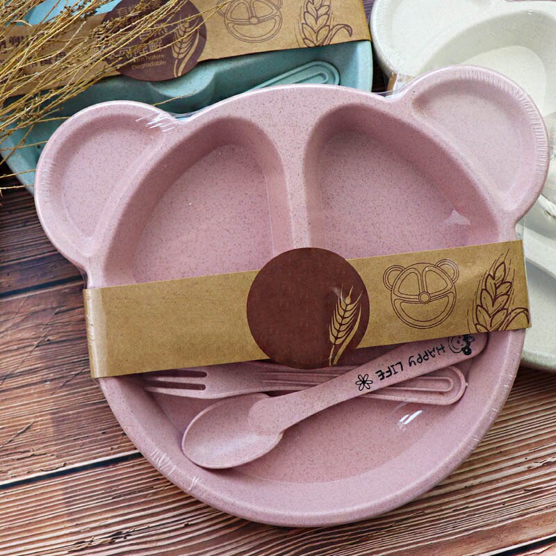 1 Juego de plato de cena para niños y bebés con cuchara y tenedor con forma de oso de dibujos animados rejilla de trigo plato de desayuno para niños utensilios para el hogar