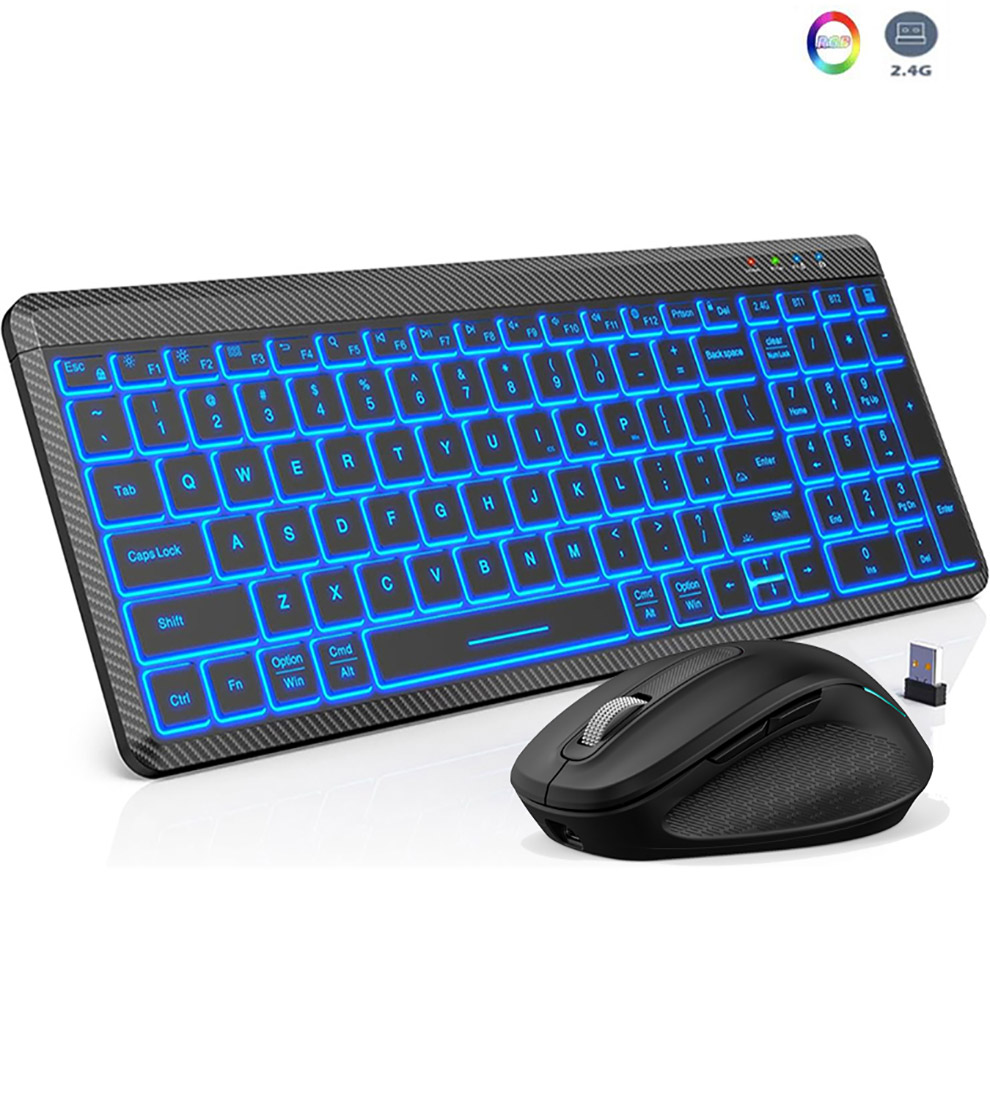 RGB Backlit Silent Wireless Keyboard and Mouse Combo 2.4G Dual Mode Rechargeable Wireless Keyboard Mouse set for Desktop/Laptop: Blue