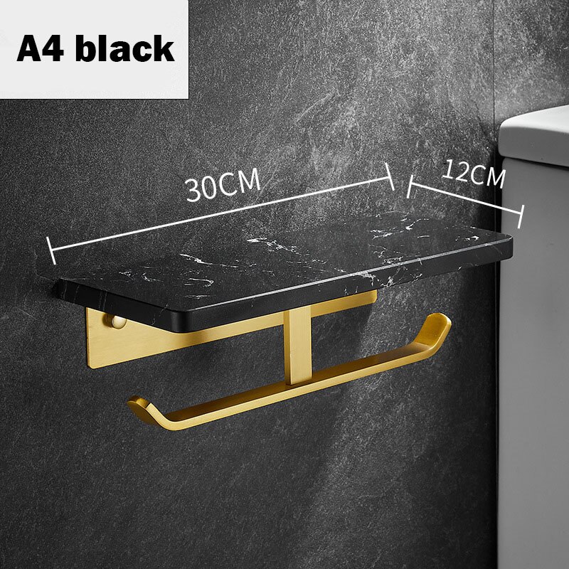 Porte-rouleau de papier essuie-tout en marbre doré, support mural de luxe pour téléphone portable, étagère de salle de bains, porte-papier toilette: Black A4