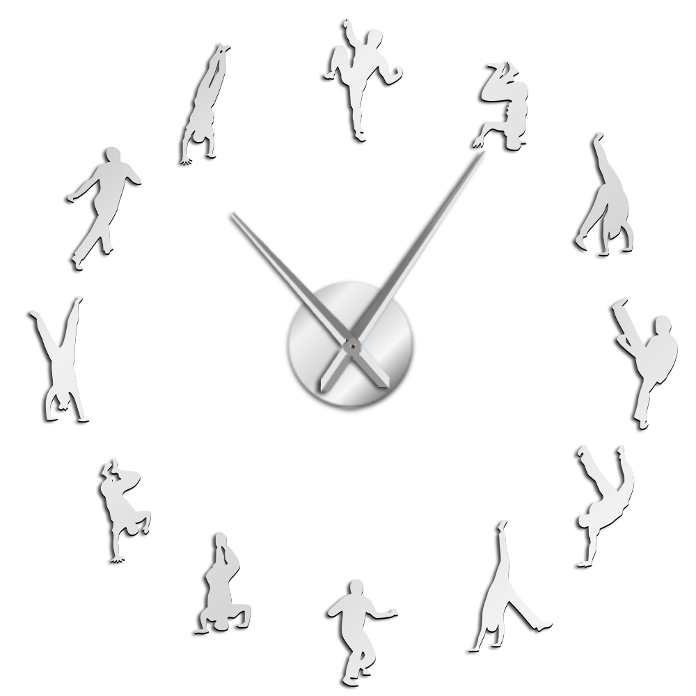 Capoeira Art-Reloj de pared grande Diy, arte marcial brasileño, siluetas de Capoeiristas, superficie de espejo, reloj deportivo, decoración del hogar: Silver / 27 Inch