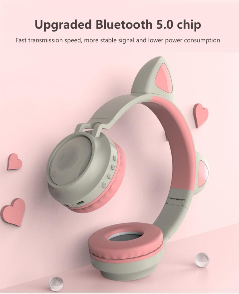 Cute Cat Ear Headphones Wireless Bluetooth 5.0 Adults Kids Girls Glowing LED Headset Support TF Card With Mic for