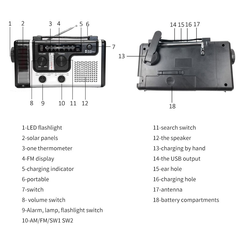 Outdoor Multifunctiona Hand Crank Radio Licht Solar Radio Fm Am SW1 SW2 Led Emergency Zaklamp Camping Accessoires Gereedschap