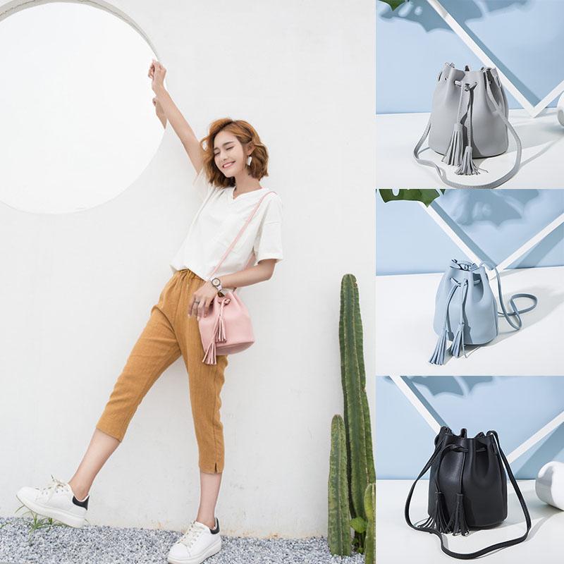 PinShang Frauen Allgleiches Einfarbig Vintage Quaste Kordelzug Eimer Schulter Tasche