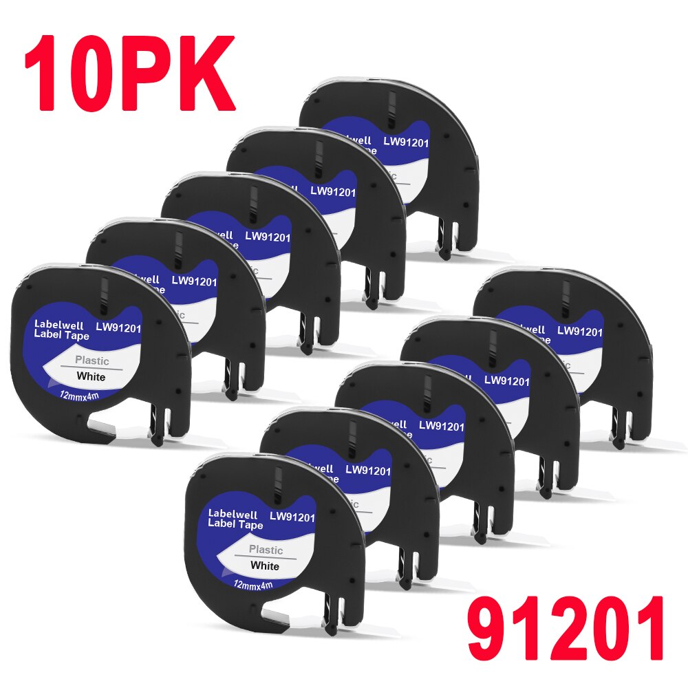 Labelwell 7PK 91202 91222 91332 plastikowa etykieta dla Dymo LT 12mm taśmy LT 91201 91200 91203 91204 12267 dla Dymo LetraTag LT-100H: 10PK 91201 White