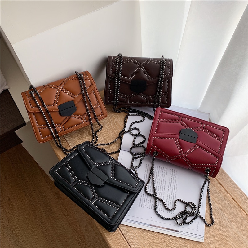 Small PU Leather Rivets Travel Chain Women Handbags Casual Female Shoulder Bags Crossbody Bags for Lady