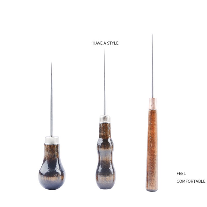 3Pcs Wooden Handle Sewing Awl Scratch Awl Tool Pin Punching for Leather Pouch Hole DIY Handmade Stitcher Shoe Repair Tool