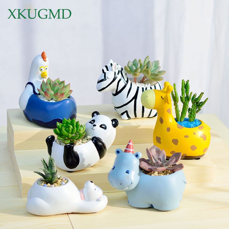 Cartoon Dieren Succulente Planter Pot Hars Ambachtelijke Giraffe Zebra Ijsbeer Panda Hippo Vorm Desktop Decoratie Bloempot