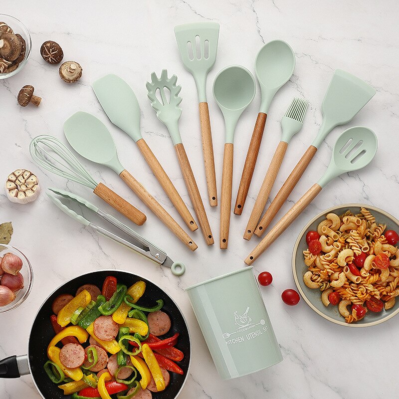 12 Stks/set Food Grade Siliconen Koken Gereedschap Keuken Non-stick Ei Kloppers Spatel Keukengerei Huishouden Houten Handvat Item: Green 1