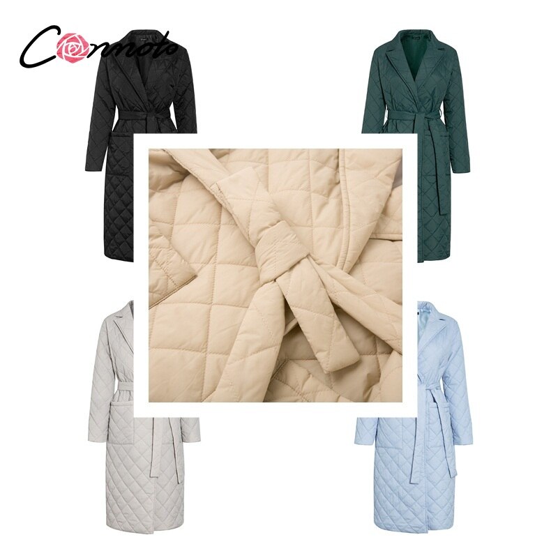 Conmoto Lange Rechte Jas Met Ruit Patroon Casual Sjerpen Vrouwen Winter Parka Diepe Zakken Maat Kraag Stijlvolle Bovenkleding