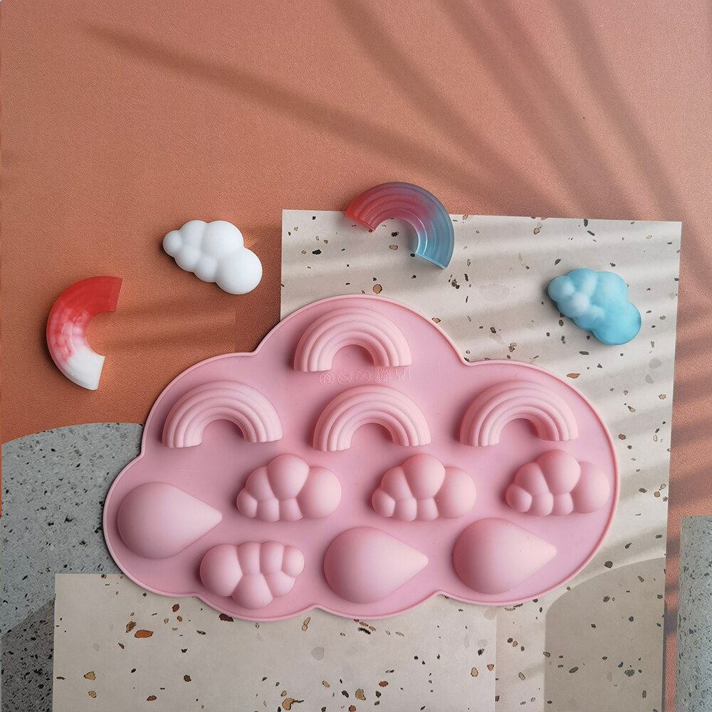 Molde de silicona con forma de gota de lluvia de nubes de arcoíris 3D, 11 cavidades, para hornear pasteles, Chocolate, Fudge, queso, cubitos de hielo