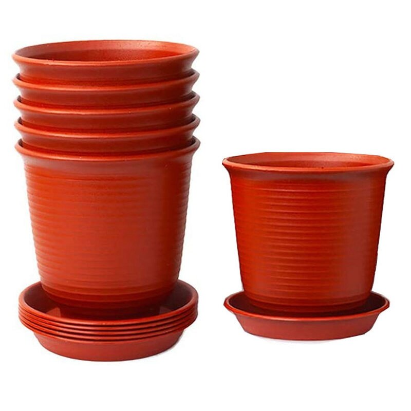 Planters 15.4 cm Plastic Pots for Plants Set of 6 Flower Plant Pot Indoor Gardening Pot with Drainage Pallet (Brick Red)