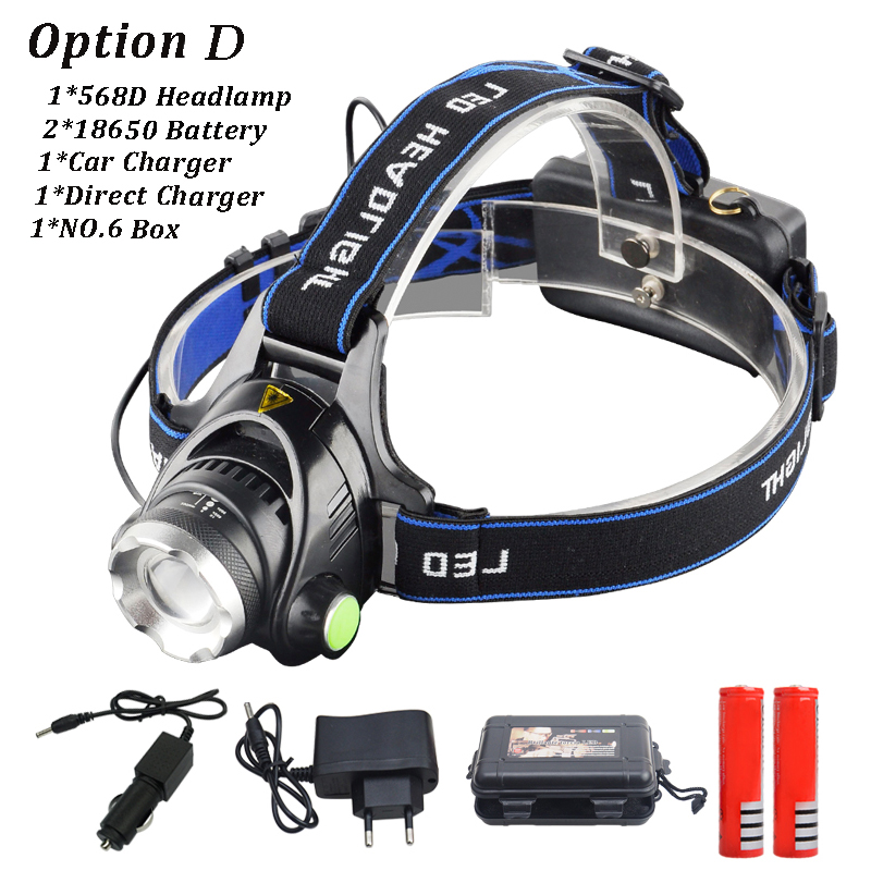 6000 Lumen Koplamp 5 * Led T6 Koplamp 4 Mode Koplamp Oplaadbare Head Lamp Zaklamp + 2*18650 Batterij + Ac/Dc Lader: option D