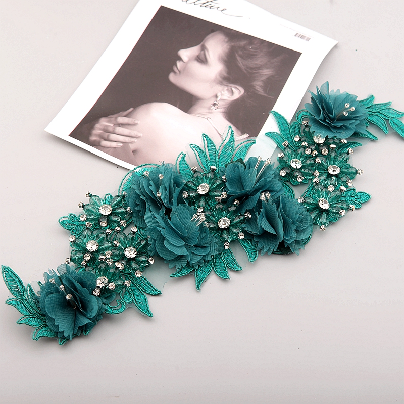 10 Color Beaded Sequins 3D Decals Mirror Flower Lace Fabric Evening Dress Front Chest Back Applique Patch Decoration: green