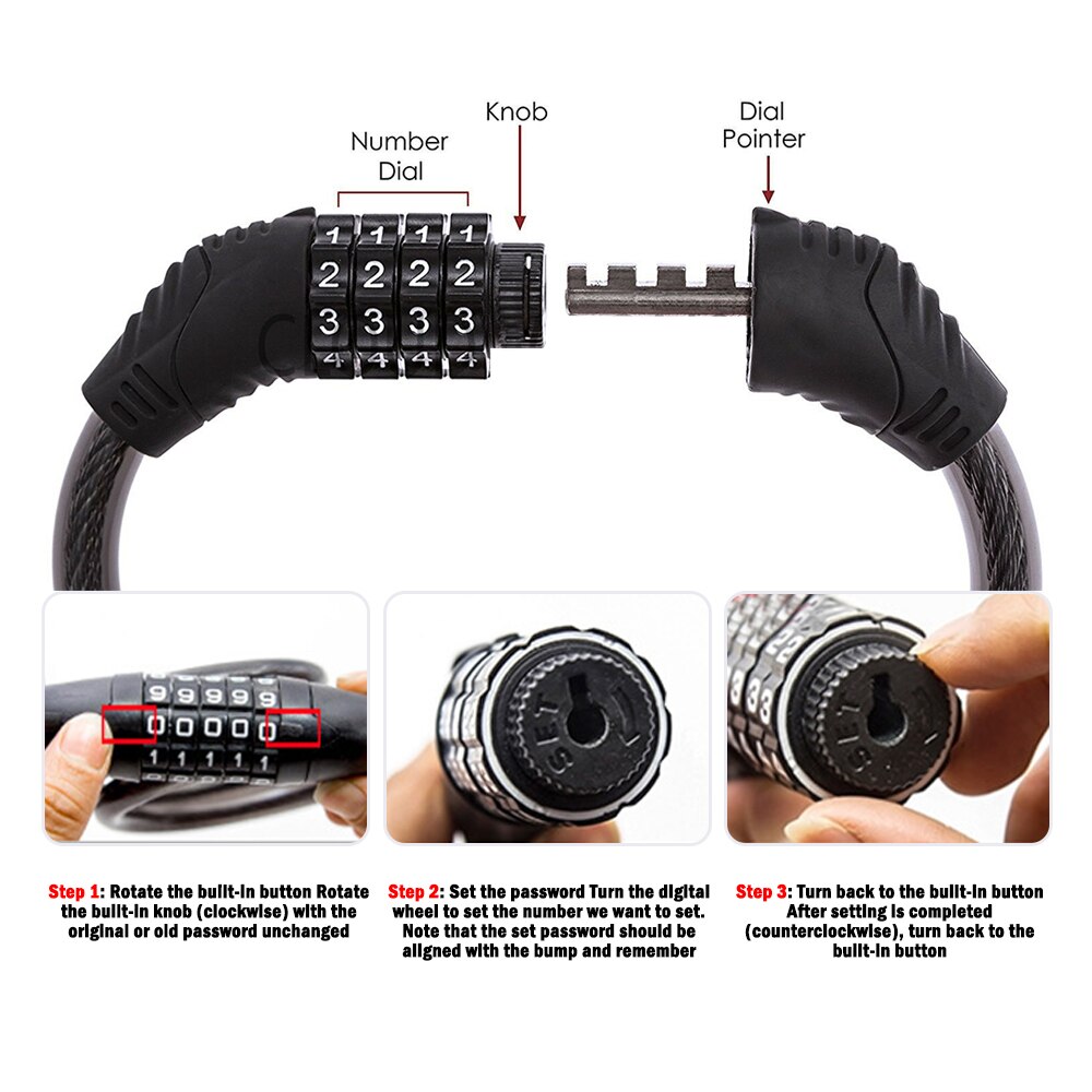 Bike Lock -Theft Combination Number Code Bicycle Lock Steel Cable Chain Security Safety Lock Bike Cycle Accessories