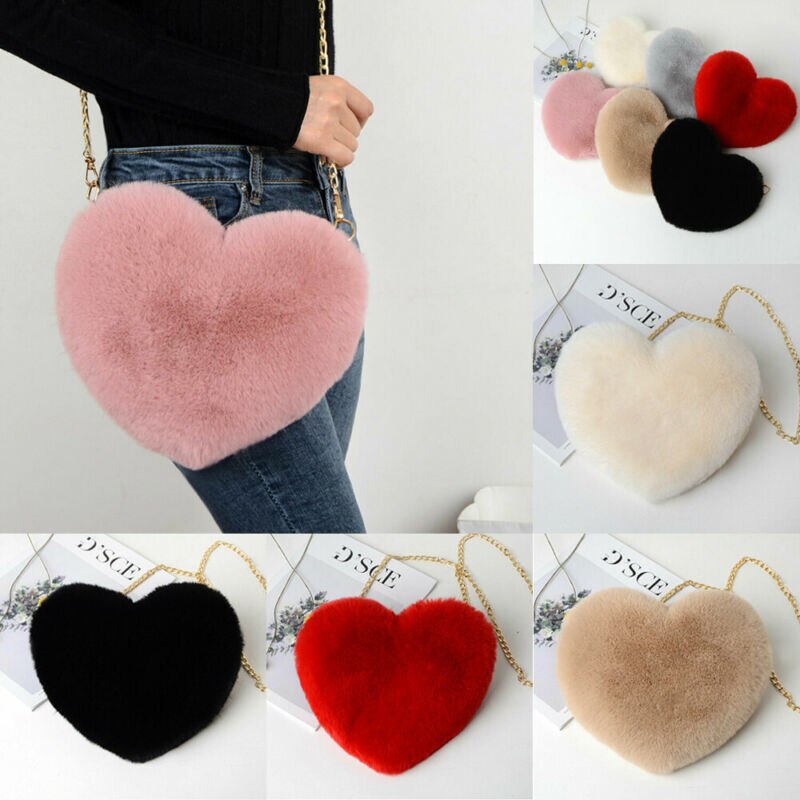 Offre spéciale femmes en peluche amour poilu sac en forme de coeur saint valentin en forme de coeur sac femme chaîne sac de messager