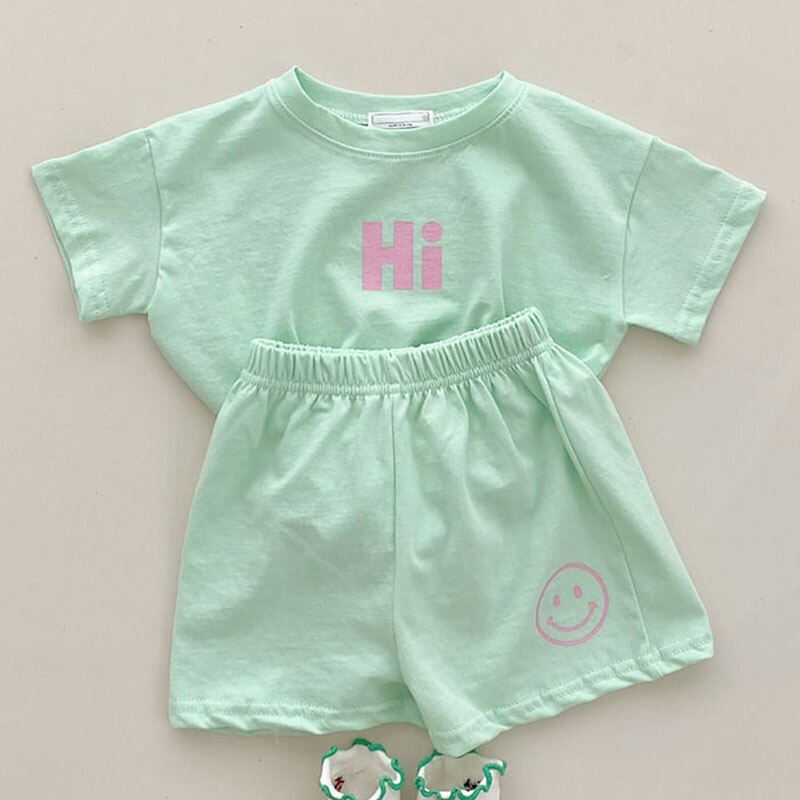 2176B Toddler Girl Clothes Summer Boy and Girl Clothing Set Letter Hi t-shirt a maniche corte e pantaloni Kids Summer Suit 2pc: Green / 73 for 9m